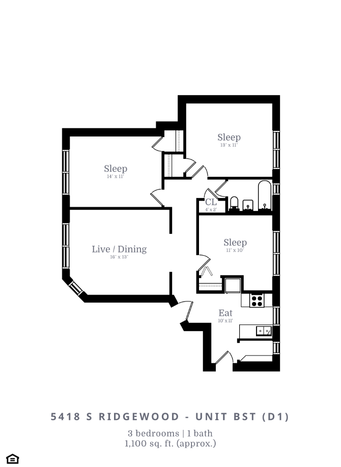Floor plan for 3 beds, 1 bath, 936 sqft